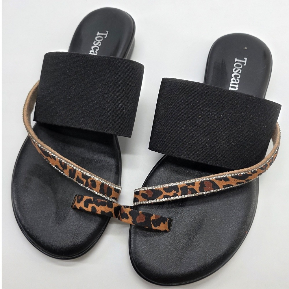 Toscanella Jaded Sandals Black Leopard Animal Print Toe Ring Italy sz 7 Y2K Chic